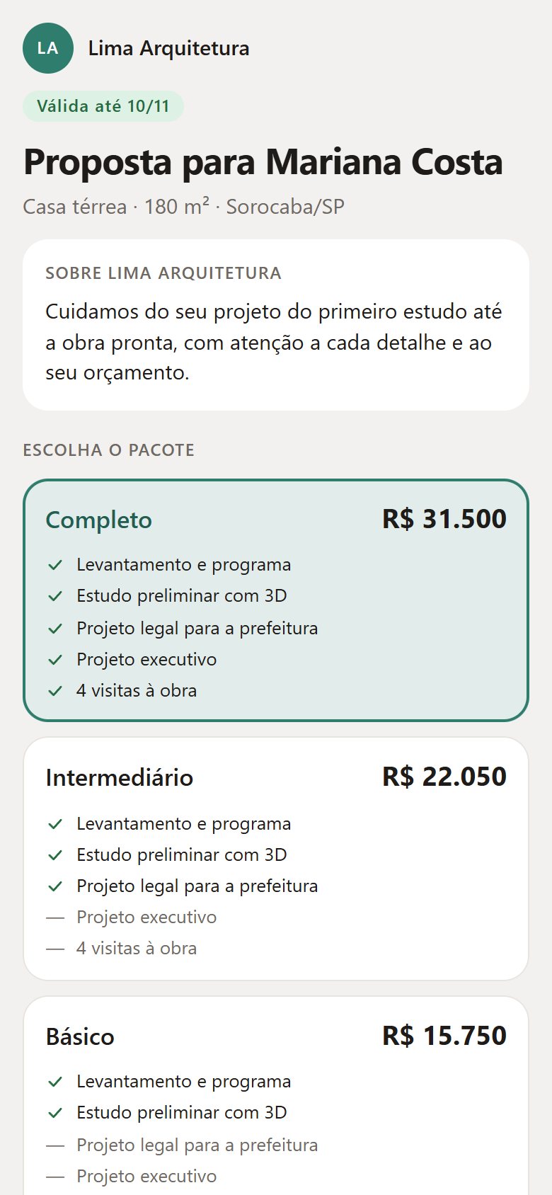 A proposta no celular do cliente, com a logo do escritório e os pacotes Completo, Intermediário e Básico