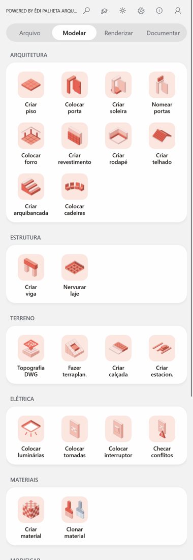 O painel do Arquionie para Revit aberto na etapa Modelar, com as ferramentas de arquitetura, estrutura, terreno e elétrica